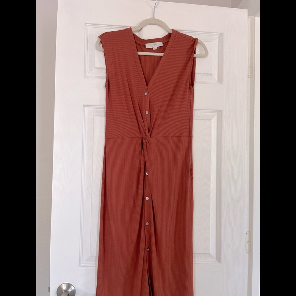 LOFT twist front button down v neck midi ribbed dress SP